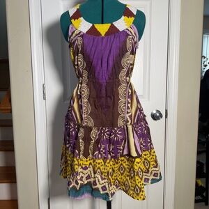 Sleeveless Tribal Ikat Printed Beaded Collar Summer Dress W/ Elastic Waist